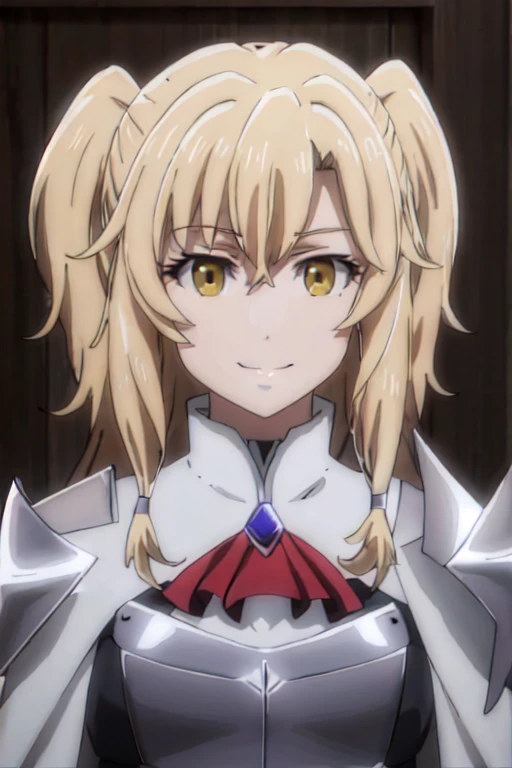 GoblinSlayer, NobleFencer, solo, girl1, looking at viewer, smile, brown eyes,white cape, armor, shoulder armor, portrait, red ascot, snow,