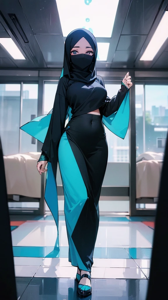 ((Best quality, 8k, Masterpiece :1.3)), Full body, Sharp focus :1.2, Beautiful woman with perfect figure :1.4, Slender stomach :1.2, ((cyan, and black hair)), body dress : 1.1 , ( Night city view, large windows, rain outside, Bedroom :1.1), Highly detailed facial and skin textures, Detailed eyes, Double eyelids, large breasts, Muslim clothing, hijab, Interior Scene, Office, restrained, Closed, dark space, cloudy clouds, Covering the intimate parts