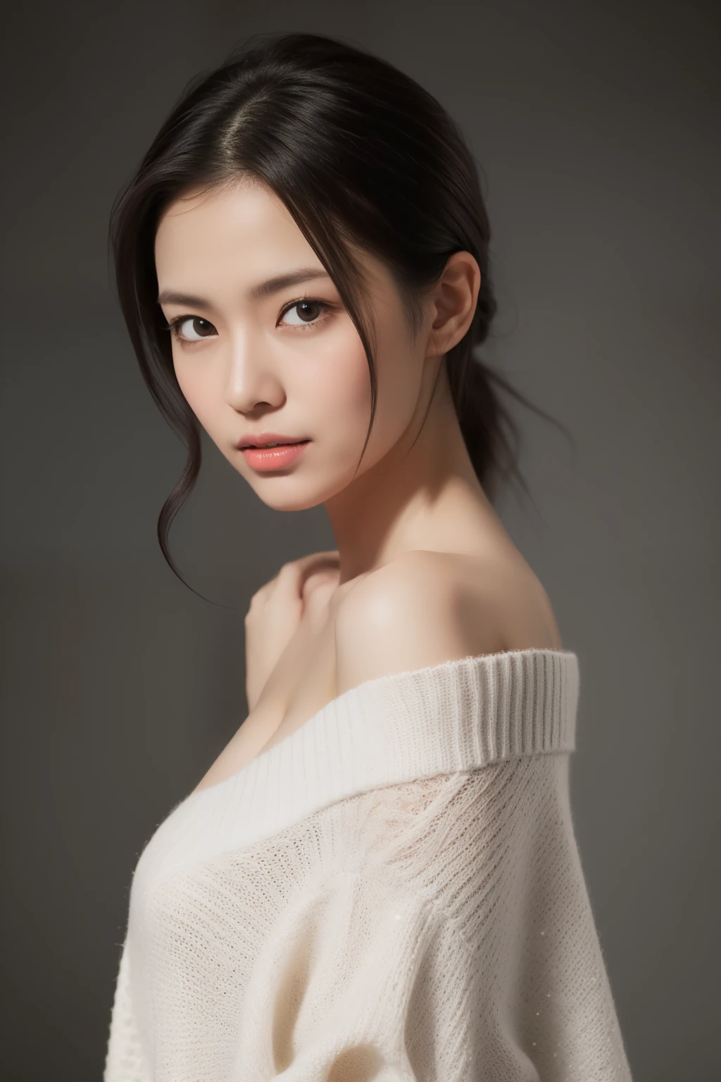 asian lady, She is wearing a soft white sweater relaxed neckline that casually ((drapes off one shoulder)), exposing slender shoulders with black bra trap, highlighted by the rays of light creating a radiant effect on her skin. , mid-shot , light rays, warm atmosphere , light through hair, ((mid-shot, full body, slender waist)), Hair Up Do、 Glowing eyes, nose blush, Carl Larsson, Alfonse Mucha, Chiaroscuro, Film Glenn, reflective light, (((long-Shot))), knee to top,longshot show (((full body))), masterpiece, high details, ((gray background, studio light ))