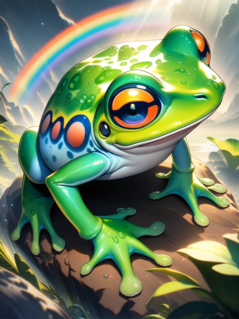 32k, best quality, ultra high res, HDR, UHD, extremely detailed CG, unity 32k wallpaper, {{{masterpiece}}}, {{{best quality}}}, {{ultra-detailed}}, {illustration}, {{an extremely delicate and beautiful}}, {{{high quality eyes}}}, Iridescent frog,rainbowfrog,Rainbow frog,Rainbow frog,
