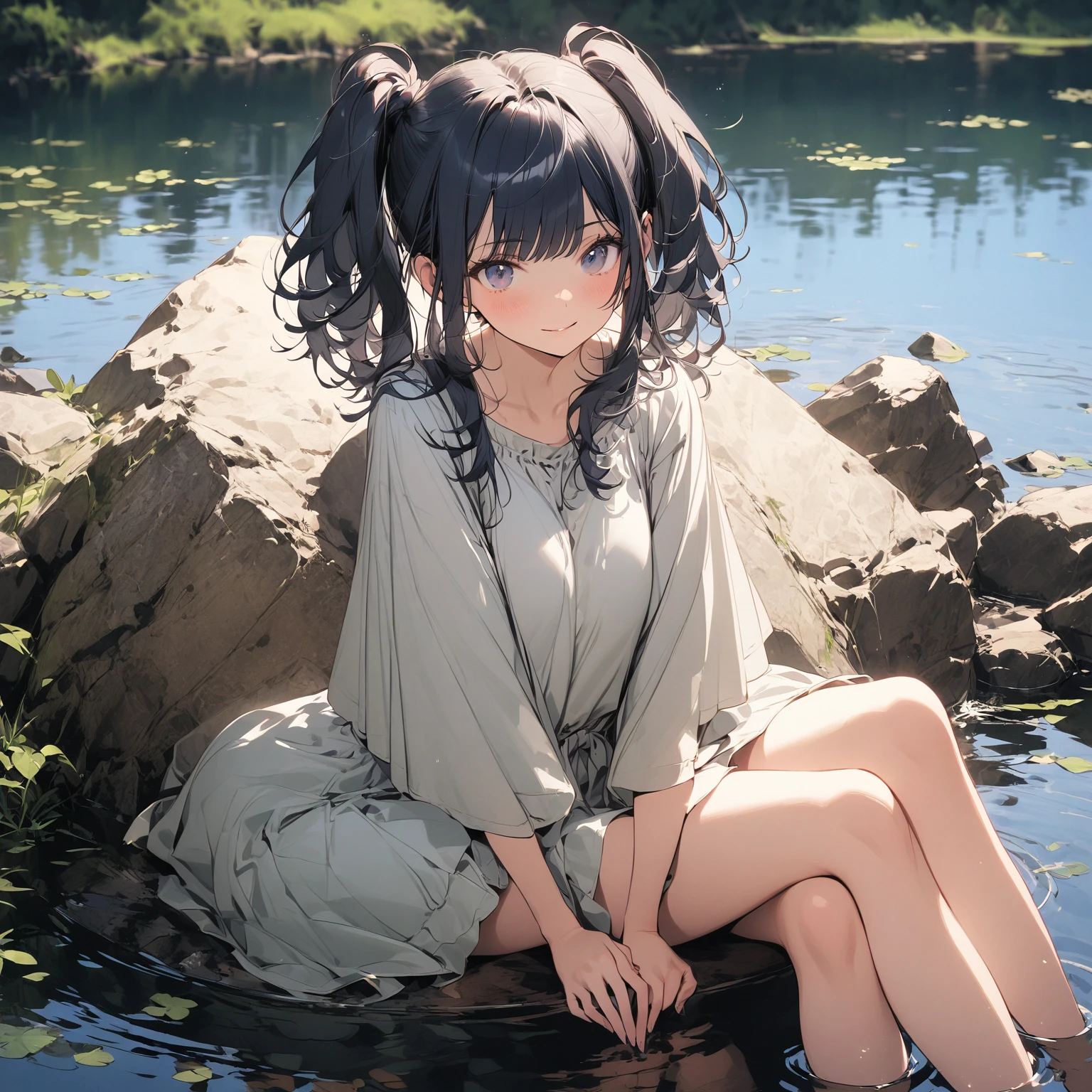 A girl,Blue Hair,Sitting,Cross your legs,Place your hands on your legs,Very energetic,Complete mission structure,Delicate face,(absurdres:1.1),full_shot,(posing:1.1),Sitting on the lake,Reflection