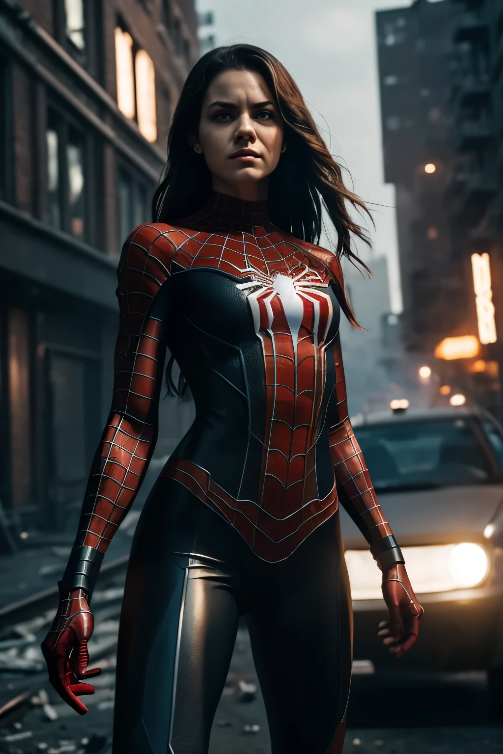 woman_with_black_spiderman_suit, {Spider-Girl:1} solo, action-packed, hyper-detailed, high-quality, ultra-realistic, dynamic pose, best resolution, 8K, cinematic, dark background, spider-emblem, detailed texture, realism, Sony a9, studio lighting, soft light, matte skin, vivid colors, visible pores, sharp focus, film grain, grungy industrial setting, extraordinary beauty, powerful, captivating, strong, determined, determined eyes, bold, iconic, epic, urban, extraordinary, photogenic, resolute, fearless, courageous, remarkable, badass, fierc