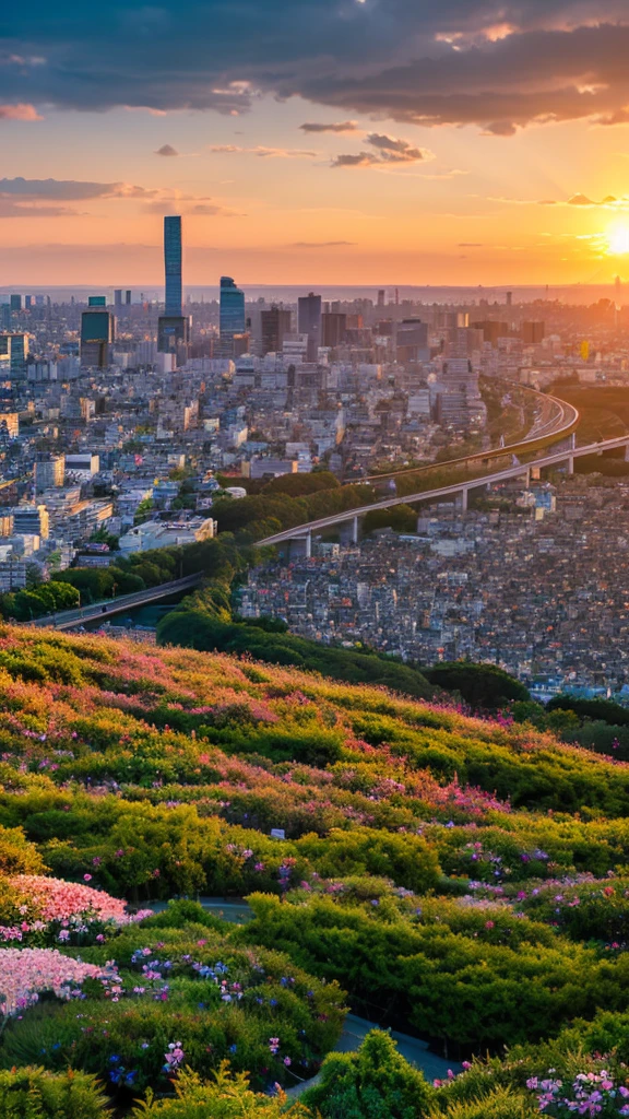 a view of a city with tall buildings and a green park, a picture by Naondo Nakamura, unsplash, sōsaku hanga, tokyo japan, arafed view of a field of flowers with a sunset in the background, floral sunset, warm beautiful scene, beautiful sunrise, flowers sea everywhere, sunset warm spring, beautiful sunset, magnificent background, vibrant sunrise, beautiful sunset glow, breathtaking landscape, stunning sunset, field of flowers, at sunrise in springtime, sunset glow, beautiful sunrise lighting, flower field, sunset sunrise tokyo city, tokyo city in the background, tokio, tokyo, japanese city, tokyo prefecture, new tokyo, aerial view of a city, tokyo in the background, bird's eye view of a city