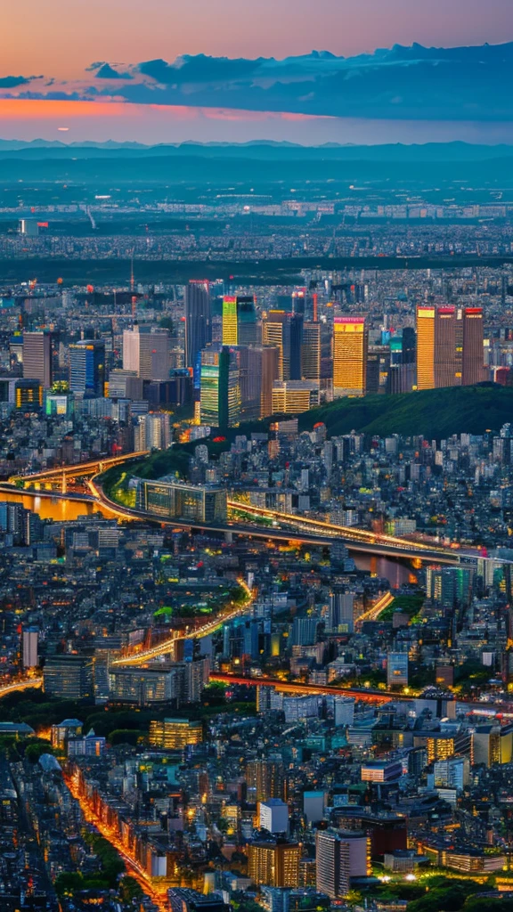 a view of a city with tall buildings and a green park, a picture by Naondo Nakamura, unsplash, sōsaku hanga, tokyo japan, arafed view of a field of flowers with a sunset in the background, floral sunset, warm beautiful scene, beautiful sunrise, flowers sea everywhere, sunset warm spring, beautiful sunset, magnificent background, vibrant sunrise, beautiful sunset glow, breathtaking landscape, stunning sunset, field of flowers, at sunrise in springtime, sunset glow, beautiful sunrise lighting, flower field, sunset sunrise tokyo city, tokyo city in the background, tokio, tokyo, japanese city, tokyo prefecture, new tokyo, aerial view of a city, tokyo in the background, bird's eye view of a city