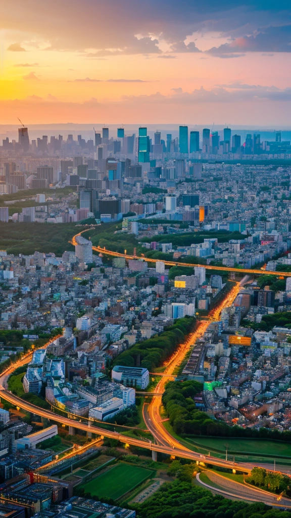 a view of a city with tall buildings and a green park, a picture by Naondo Nakamura, unsplash, sōsaku hanga, tokyo japan, arafed view of a field of flowers with a sunset in the background, floral sunset, warm beautiful scene, beautiful sunrise, flowers sea everywhere, sunset warm spring, beautiful sunset, magnificent background, vibrant sunrise, beautiful sunset glow, breathtaking landscape, stunning sunset, field of flowers, at sunrise in springtime, sunset glow, beautiful sunrise lighting, flower field, sunset sunrise tokyo city, tokyo city in the background, tokio, tokyo, japanese city, tokyo prefecture, new tokyo, aerial view of a city, tokyo in the background, bird's eye view of a city