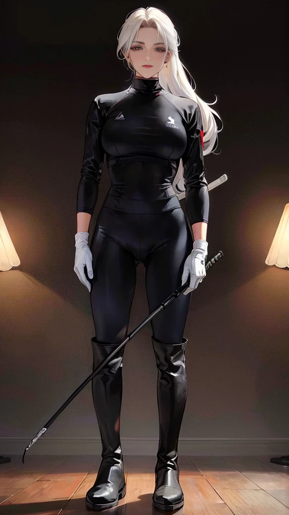 (highest resolution, distinct_image) best quality, a woman, solo, masterpiece, highly detailed, semi realistic, blonde hair, bangs, 18 years old, mature, young, tall strong, uniform, military uniform( large indoor background), cold, serious, tall, handsome, autocratic, powerful, exquisite facial features, exquisite facial features, (full body)(black knee-high boots:1.4)(dominatrix:0.3)(white Yoga pants:1.3),(gloves:1.5)(long sleeves),(active sportswear shirt),solo,1girl,(looking at viewer),(from below:0.7)(head turned upwards:0.3)(smiling:0.4)(bodysuit:0.3)(holding riding crop:1.2)(muscular:0.8)(shirt tucket in pants)(parquet flooring)(standing on floor)(pretty eyes)(staring)(yandere), red eyes, white hair, superior smirk, smiling, devious