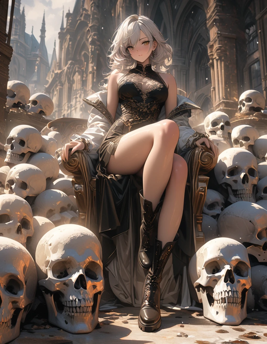 Full body portrait,Low Angle View,A sexy and charming woman sits on the throne on top of a pile of skulls,Hands wearing gorgeous and exquisite jewelry,Bronzed skin,Golden Eyes,Snow-white hair,Long legs,Boots,Oil painting effect,Snapshot aesthetic style , Extreme detail,Rich details,OC Renderer,8K,Super Fine,Hyperrealism,masterpiece,Rich in details
