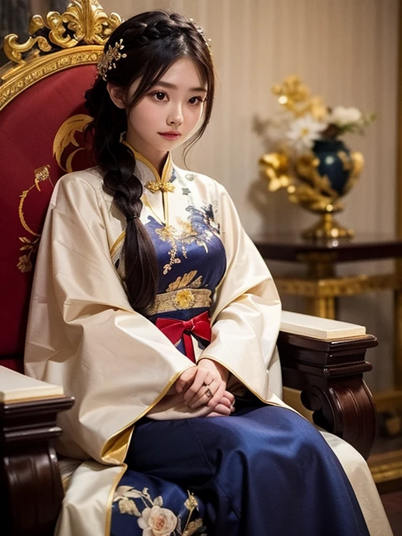 One girl, ((Throne)), (Liangbatou), Gorgeous, gold and silver, silk, gem, Flower and bird painting, Chinese ancient, Royal Family, Three-dimensional, Gorgeous,sitting, wide sleeves, Hand fan, dress, blurry, traditional media, braid, traditional clothes, Cowboy Shot, 