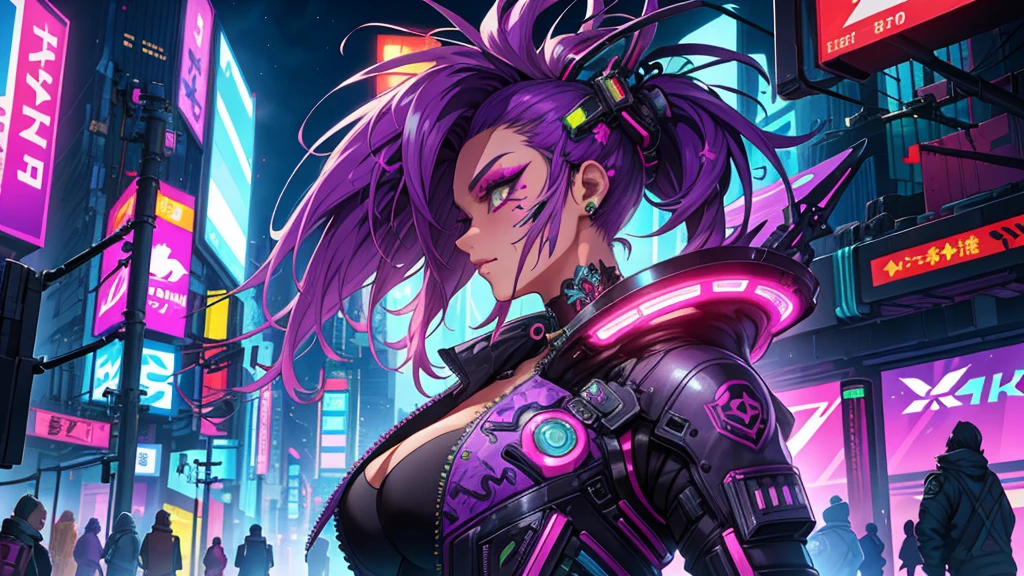 (extremely detailed CG Unity 4k wallpaper),(masterpiece),(best quality),(Ultra-detail),(best Illustration),(Best Shadow),(most absurd),(detailed background), cyberpunk girl, You look lonely, showing, From Side View, View of another, neon lights, smug facial expression, Sehr detailed face,Harajuku-inspiriertes Pop-Outfit, bold colors and patterns, eye-catching accessories, trendy and innovative hairstyle, Vibrant makeup,Dazzling cyberpunk cityscape, sky-scrapers, neon signs, LED lights, Bright and vibrant color scheme, アニメ, Illustration, detailed skin structure, detailed fabric structure, Beautiful, detailed face, Intricate detailing, ultra detailed