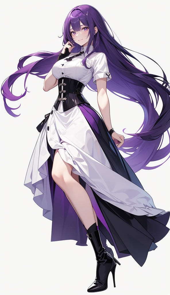 Purple Hair,Long Hair,Adult female,White Y-shirt,((Roll up her sleeves)),(((Roll up your sleeves))),(corset),(Black tight skirt),(High heels),((A simple, blank white background)),smile,((full body)),((whole body)),