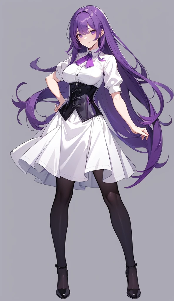 Purple Hair,Long Hair,Adult female,White Y-shirt,((Roll up her sleeves)),(((Roll up your sleeves))),(corset),(Black tight skirt),(High heels),((A simple, blank white background)),smile,((full body)),((whole body)),