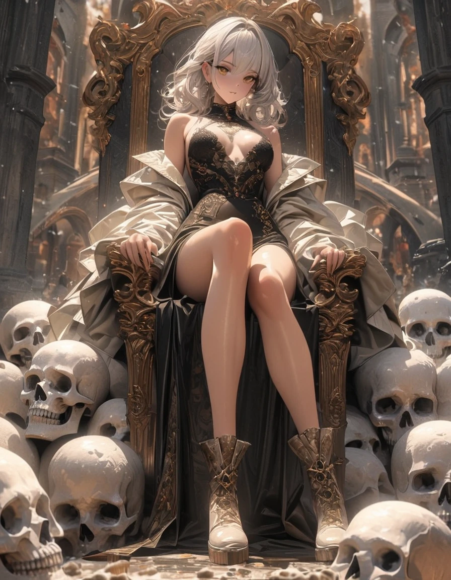 Full body portrait,Low Angle View,A sexy and charming woman sits on the throne on top of a pile of skulls,Hands wearing gorgeous and exquisite jewelry,Bronzed skin,Golden Eyes,Snow-white hair,Long legs,Boots,Oil painting effect,Snapshot aesthetic style , Extreme detail,Rich details,OC Renderer,8K,Super Fine,Hyperrealism,masterpiece,Rich in details