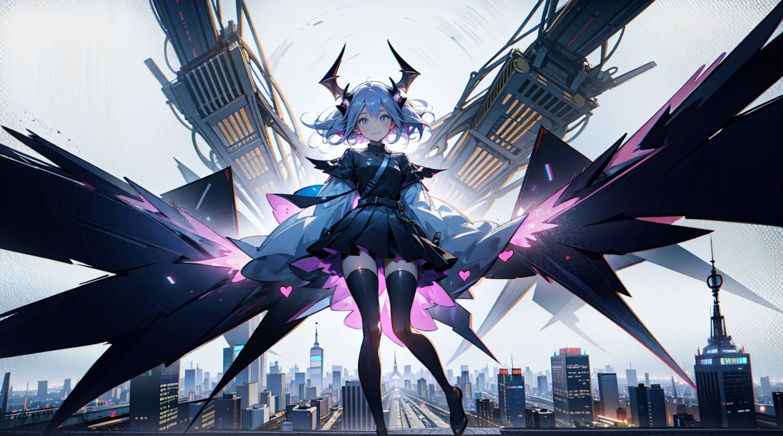 Laugh heartily, Gradient eyes, Full body, (The protagonist looks down on the demonic city:1.2), (MANHATTAN CITY:1.2), Not suitable for work