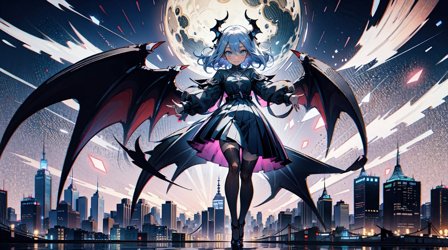 Laugh heartily, Gradient eyes, Full body, (The protagonist looks down on the demonic city:1.2), (MANHATTAN CITY:1.2), Not suitable for work
