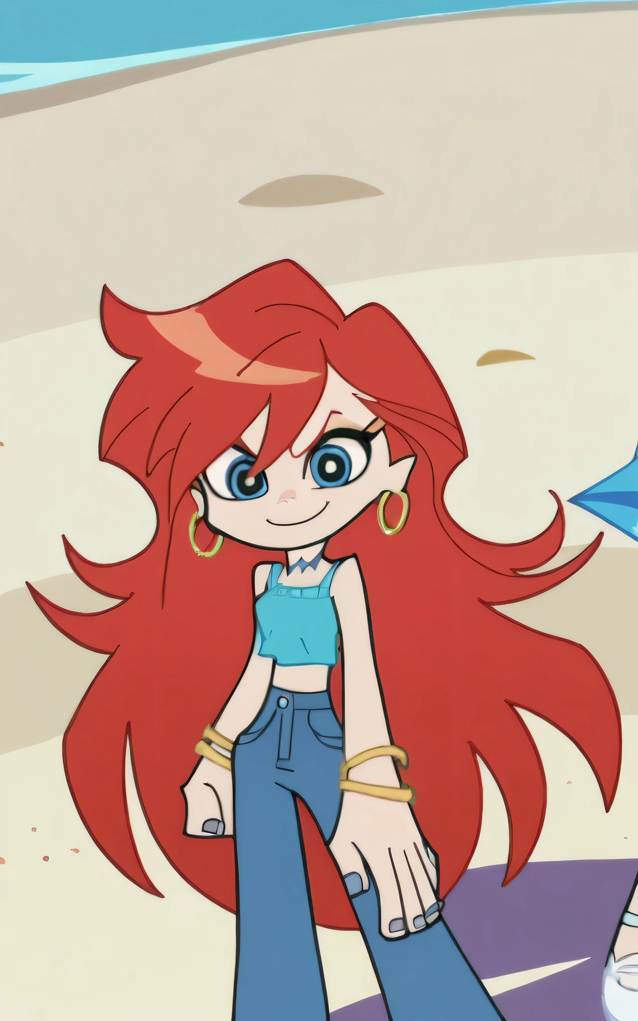 p&s style, rating_safe, score_10, sharp, anime screencap, flat shadows, flat colors, chelsea, 1girl, midriff, upper body, choker, smile, jewelry, very long hair, standing, red hair, earrings, shoes, pants, blue eyes, aqua ruffle crop top, denim, blue nails, jeans, hoop earrings, blue pants, beach background, looking at viewers, solo, white shoes