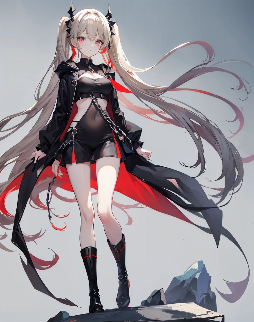 Twin tails,Hair colorbeige,Eyes red,((Voluminous Hair 1.8,Hair is clear 1.6)), Hair that falls over the shoulders, Very long hair, Shiny Hair,Beautiful girl,Black clothing,Belly button exposed,big black long coat,Black shorts,Black long boots,Perfect body,Tall and tall,Thinness,on simple background,Background white,(round, Medium Large, Firm breasts),Standing on a stone,chain,(Long legs,Long legs,Long legs,Perfect leg shape),Full body photo。