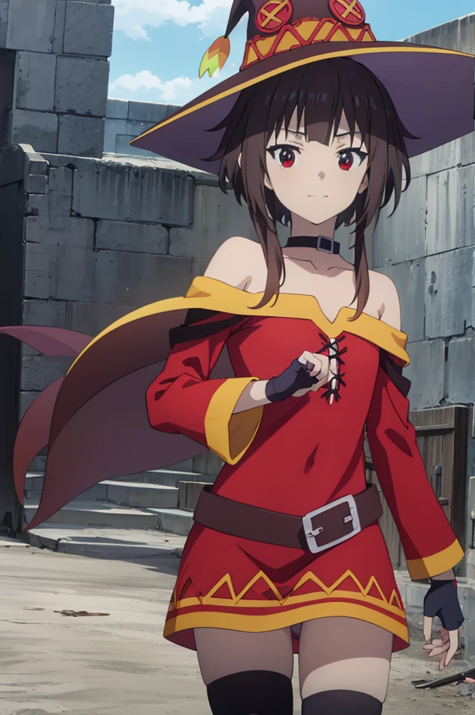 masterpiece, best quality, high resolution, best illustration, super fine illustration, (official art:0.6), (anime screencap:1.2), detailed beautiful face and eyes, anime keyvisual, perfect anatomy, 8k portrait, detail focus fingers, 
1girl,
Megumin \(konosuba\),
short hair with long locks,
brown hair, 
(red eyes:1.2), 
witch hat, black choker, black gloves, fingerless gloves,  
small breasts, 
off-shoulder dress, red dress, brown cape, long sleeves, single thighhigh, asymmetrical legwear, bandaged leg,
smile, 
looking at viewer, 
cowboy shot, 
dynamic pose, 
natural light, background of outdoors, forrest, 