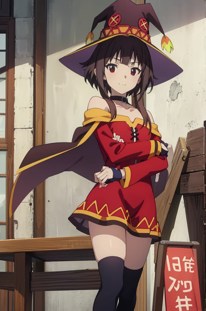 masterpiece, best quality, high resolution, best illustration, super fine illustration, (official art:0.6), (anime screencap:1.2), detailed beautiful face and eyes, anime keyvisual, perfect anatomy, 8k portrait, detail focus fingers, 
1girl,
Megumin \(konosuba\),
short hair with long locks,
brown hair, 
(red eyes:1.2), 
witch hat, black choker, black gloves, fingerless gloves,  
small breasts, 
off-shoulder dress, red dress, brown cape, long sleeves, single thighhigh, asymmetrical legwear, bandaged leg,
smile, 
looking at viewer, 
cowboy shot, 
dynamic pose, 
natural light, background of outdoors, forrest, 