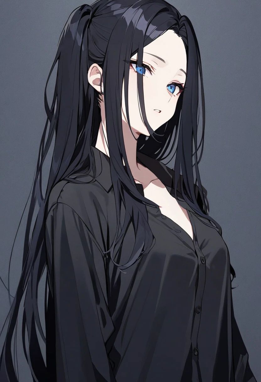 woman, black hair, long hair, pigtail, open forehead, no bangs, blue eyes, black button-down shirt