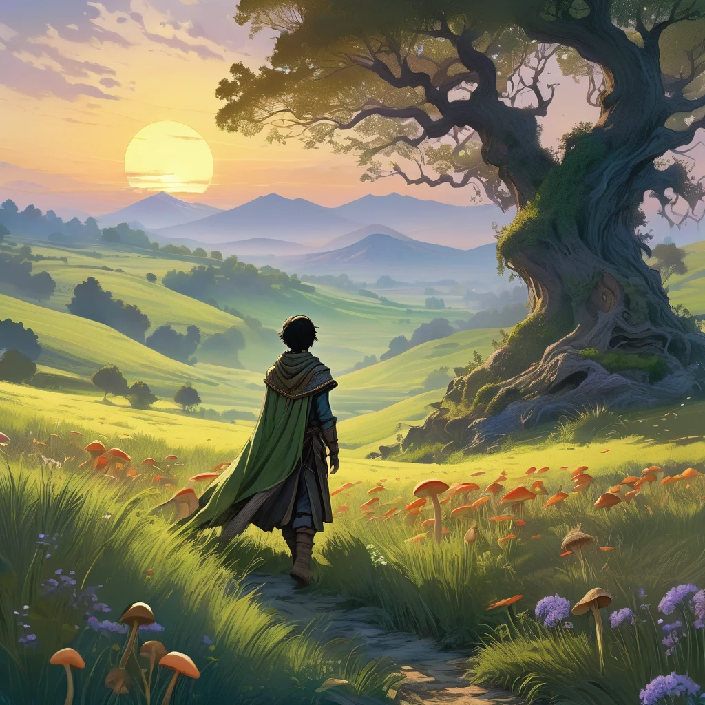 Picture a serene scene in the realm of Eldoria, where the sun sets behind distant mountains, casting a golden glow over the vast grassy plains. In the foreground, a young boy with tousled black hair walks barefoot through the field, dressed in simple medieval farmer's clothing—tunic, breeches, and a weathered cloak draped over his shoulders.
His hands are stained with the earth's soil, and a woven basket swings gently from his arm, filled with freshly harvested herbs and wildflowers. The boy's posture is relaxed yet purposeful, his gaze fixed on the horizon where the sky meets the land in a haze of twilight.
Around him, the grass sways in the breeze, revealing hidden treasures—a scattering of colorful mushrooms and patches of fragrant herbs that thrive in the fertile soil. In the distance, ancient oak trees stand sentinel against the encroaching darkness, their gnarled branches reaching toward the heavens like fingers of forgotten gods.