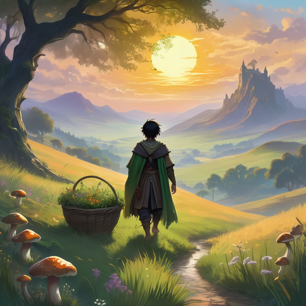 Picture a serene scene in the realm of Eldoria, where the sun sets behind distant mountains, casting a golden glow over the vast grassy plains. In the foreground, a young boy with tousled black hair walks barefoot through the field, dressed in simple medieval farmer's clothing—tunic, breeches, and a weathered cloak draped over his shoulders.

His hands are stained with the earth's soil, and a woven basket swings gently from his arm, filled with freshly harvested herbs and wildflowers. The boy's posture is relaxed yet purposeful, his gaze fixed on the horizon where the sky meets the land in a haze of twilight.

Around him, the grass sways in the breeze, revealing hidden treasures—a scattering of colorful mushrooms and patches of fragrant herbs that thrive in the fertile soil. In the distance, ancient oak trees stand sentinel against the encroaching darkness, their gnarled branches reaching toward the heavens like fingers of forgotten gods.