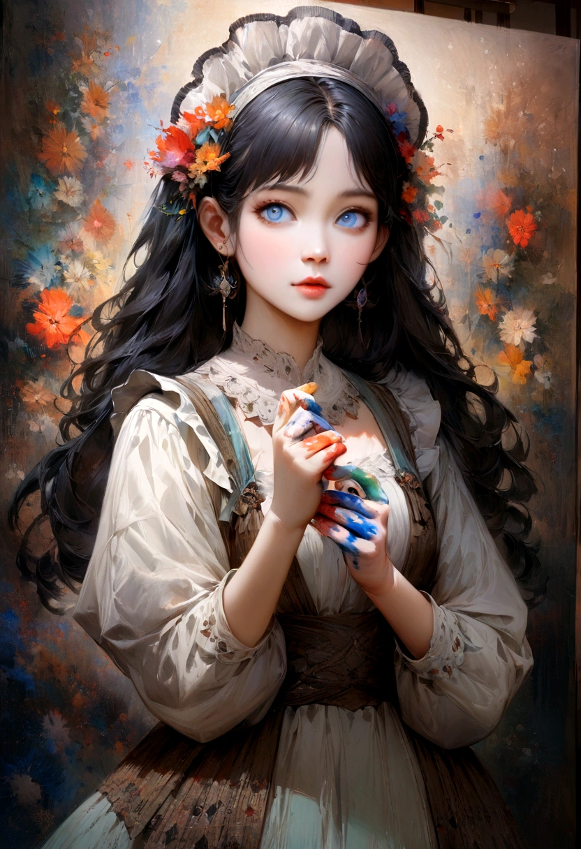 A girl painter wearing a light blue maid outfit,Paint with vivid colors and precise brushstrokes,Creative atmosphere,Beautiful and detailed eyes and face,Artistic presence,Expressive brushwork,Artistic studio lighting,Inspired by the beauty of nature,Bohemian style clothes,Stand in front of the canvas, Surrounded by her artwork and art supplies,Paint splatters on her hands and clothes,Subtle color palette,Soft and natural lighting,Artwork,A fusion of different art styles,Impressionist elements,Abstract elements,masterpiece:1.2,Super detailed,Realistic,photoRealistic:1.37,High resolution,Large canvas dimensions