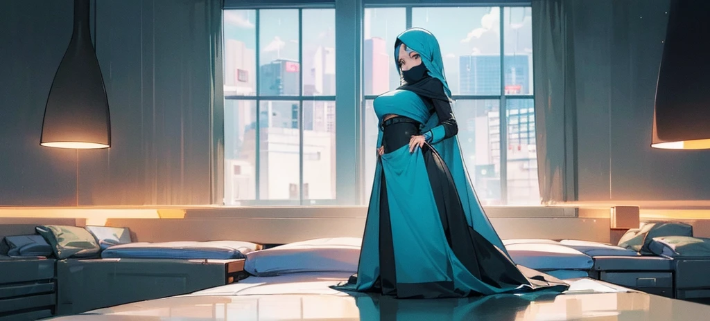 ((Best quality, 8k, Masterpiece :1.3)), Full body, Sharp focus :1.2, Beautiful woman with perfect figure :1.4, Slender stomach :1.2, ((cyan, and black hair)), body dress : 1.1 , ( Night city view, large windows, rain outside, Bedroom :1.1), Highly detailed facial and skin textures, Detailed eyes, Double eyelids, large breasts, Muslim clothing, hijab, Interior Scene, Office, restrained, Closed, dark space, cloudy clouds, Covering the intimate parts