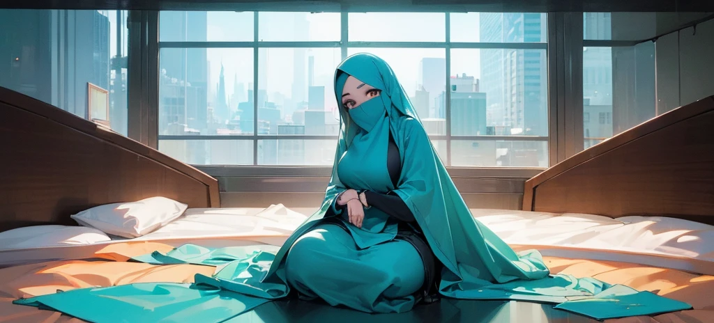 ((Best quality, 8k, Masterpiece :1.3)), Full body, Sharp focus :1.2, Beautiful woman with perfect figure :1.4, Slender stomach :1.2, ((cyan, and black hair)), body dress : 1.1 , ( Night city view, large windows, rain outside, Bedroom :1.1), Highly detailed facial and skin textures, Detailed eyes, Double eyelids, large , Muslim clothing, hijab, Interior Scene, Office, restrained, Closed, dark space, cloudy clouds, Covering the intimate parts