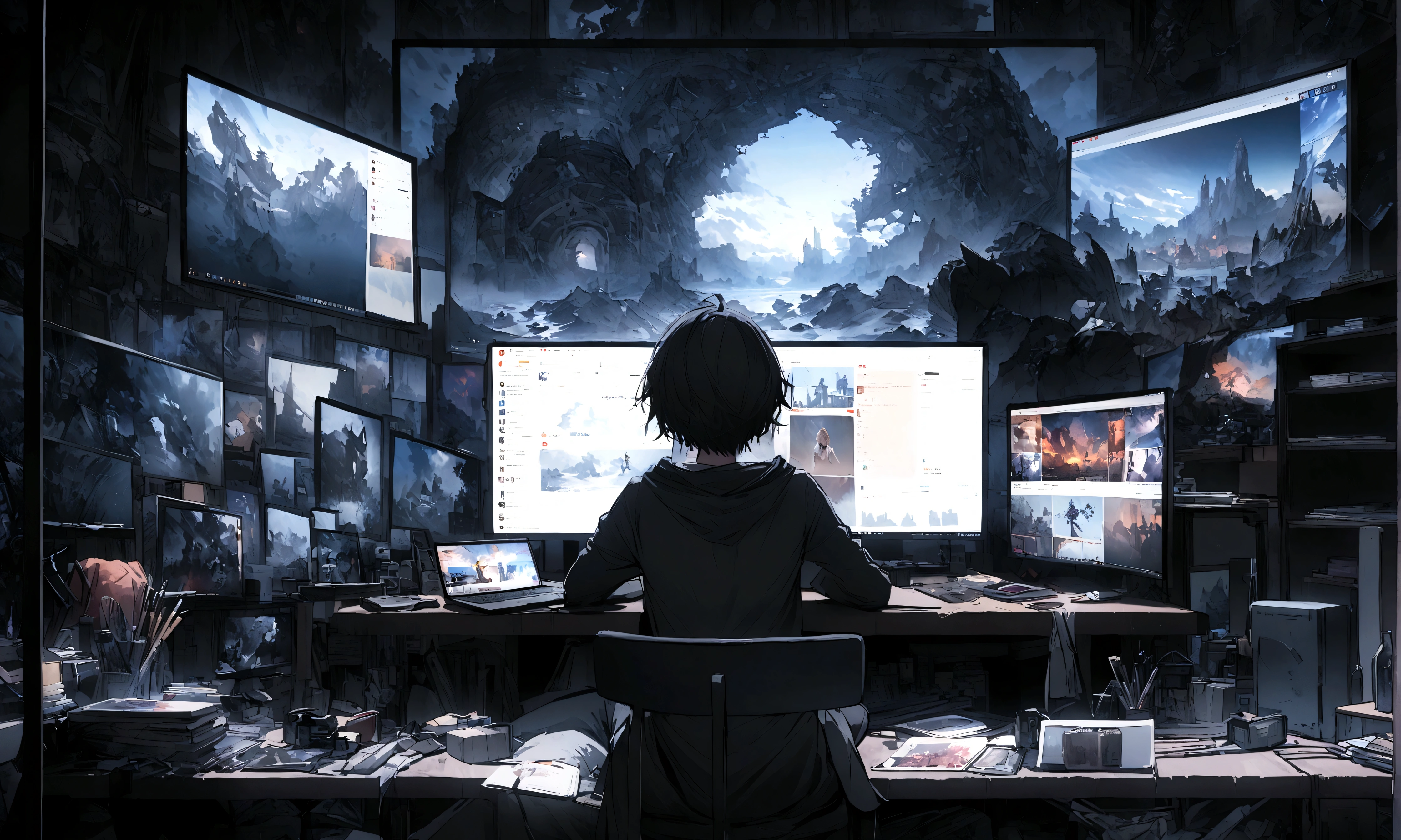 The protagonist sits at a cluttered desk with their laptop open. The screen shows a YouTube video editing software. Tabs at the top include a “sea art” website.