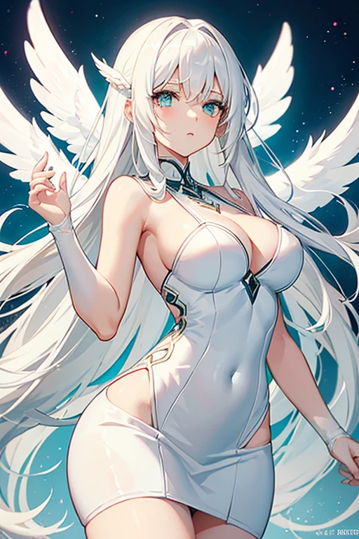 Angel female character, greeneyes, (white hair), medium breasts, big-ass, (white bodycon dress with a neckline) dynamic poses.
