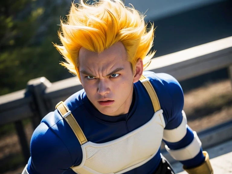 (masterpiece, best quality: 1.2), solo, male focus, 1boy, vegeta, furious, fighting pose, bruised, looking at the viewer, blonde hair spiked, black eyes, armor, white gloves, realistic