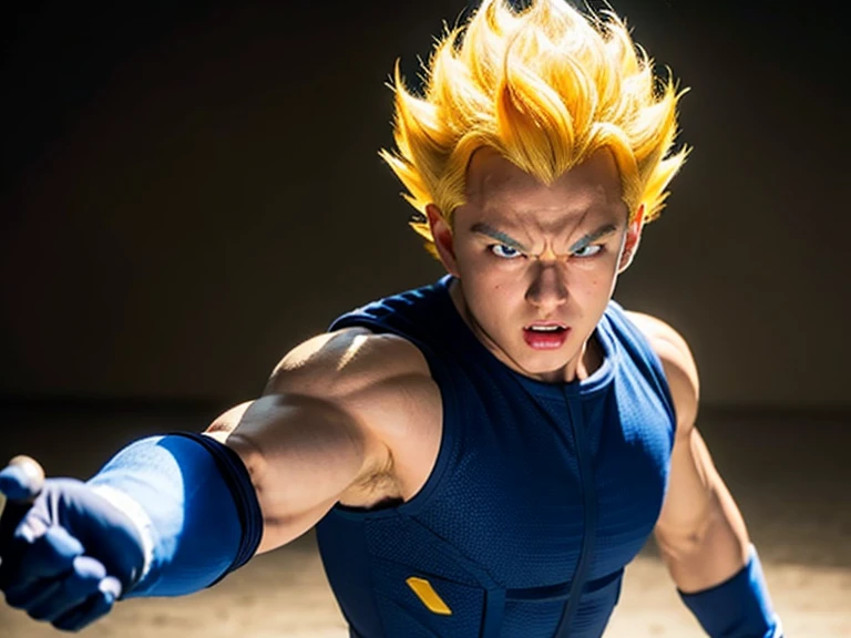 (masterpiece, best quality: 1.2), solo, male focus, 1boy, vegeta, furious, fighting pose, bruised, looking at the viewer, blonde hair spiked, black eyes, armor, white gloves, realistic