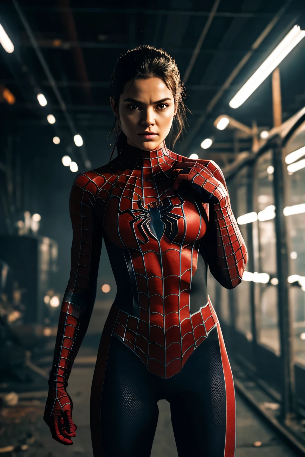 woman_with_black_spiderman_suit, {Spider-Girl:1} solo, action-packed, hyper-detailed, high-quality, ultra-realistic, dynamic pose, best resolution, 8K, cinematic, dark background, spider-emblem, detailed texture, realism, Sony a9, studio lighting, soft light, matte skin, vivid colors, visible pores, sharp focus, film grain, grungy industrial setting, extraordinary beauty, powerful, captivating, strong, determined, determined eyes, bold, iconic, epic, urban, extraordinary, photogenic, resolute, fearless, courageous, remarkable, badass, fierc