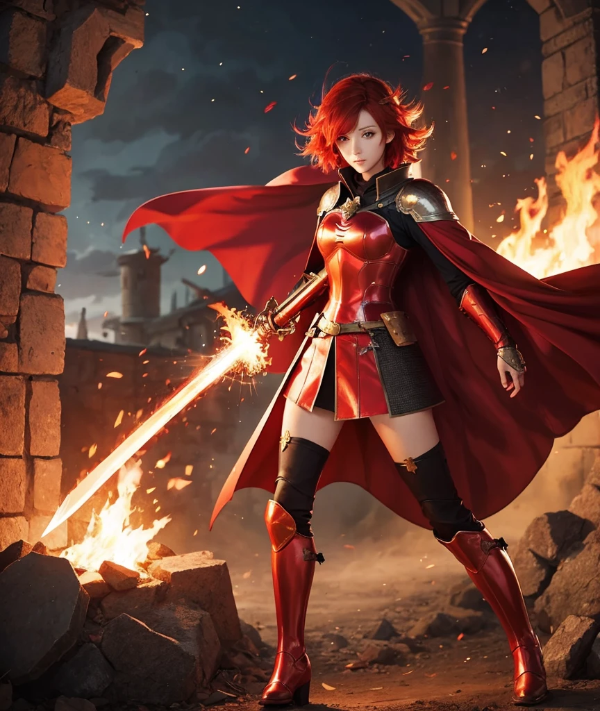 Anime-style illustrations、Red hair、short hair、female knight、Flaming Spear、Cape、boots