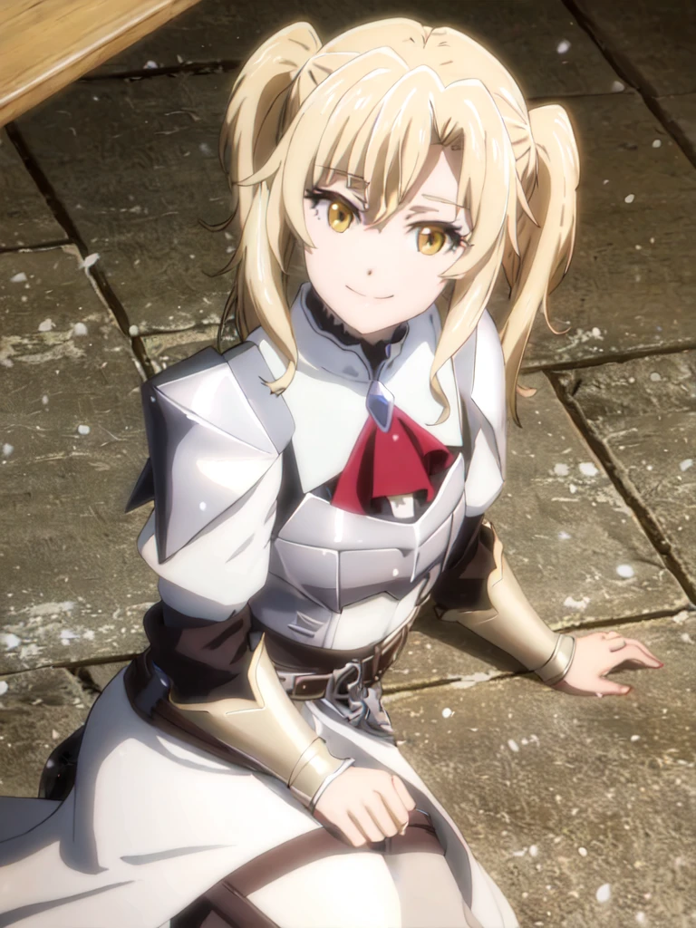 GoblinSlayer, NobleFencer, solo, girl1, looking at viewer, smile, brown eyes,white cape, armor, shoulder armor, portrait, red ascot, snow,