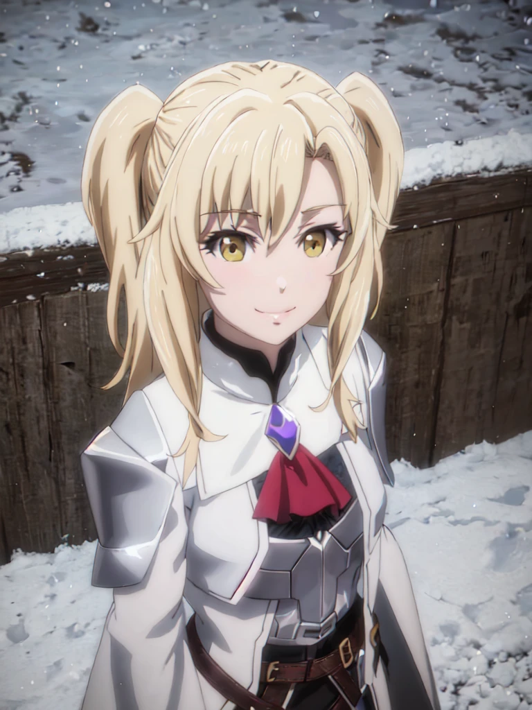 GoblinSlayer, NobleFencer, solo, girl1, looking at viewer, smile, brown eyes,white cape, armor, shoulder armor, portrait, red ascot, snow, 