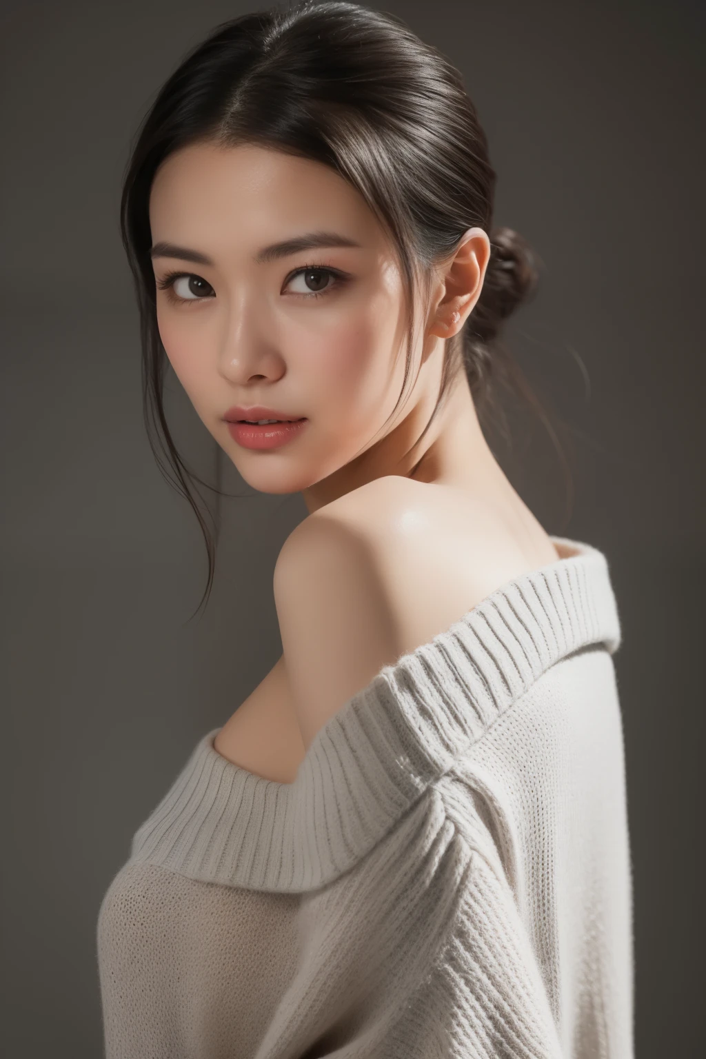 asian lady, She is wearing a soft white sweater relaxed neckline that casually ((drapes off one shoulder)), exposing slender shoulders with black bra trap, highlighted by the rays of light creating a radiant effect on her skin. , mid-shot , light rays, warm atmosphere , light through hair, ((mid-shot, full body, slender waist)), Hair Up Do、 Glowing eyes, nose blush, Carl Larsson, Alfonse Mucha, Chiaroscuro, Film Glenn, reflective light, (((long-Shot))), knee to top,longshot show (((full body))), masterpiece, high details, ((gray background, studio light ))