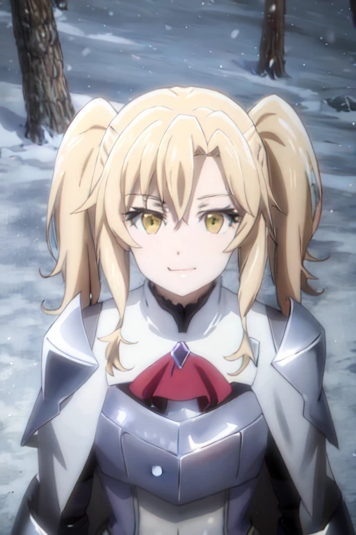 GoblinSlayer, NobleFencer, solo, girl1, looking at viewer, smile, brown eyes, cape, armor, shoulder armor, portrait, red ascot, snow, outdoor
