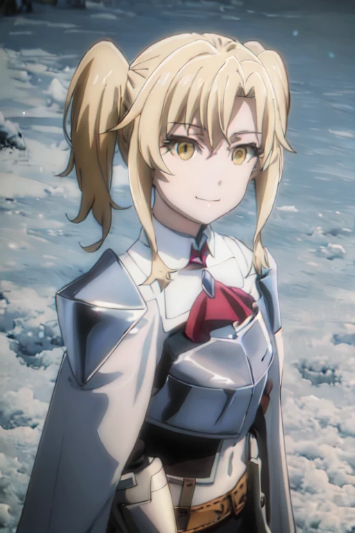 GoblinSlayer, NobleFencer, solo, girl1, looking at viewer, smile, brown eyes, cape, armor, shoulder armor, portrait, red ascot, snow, outdoor