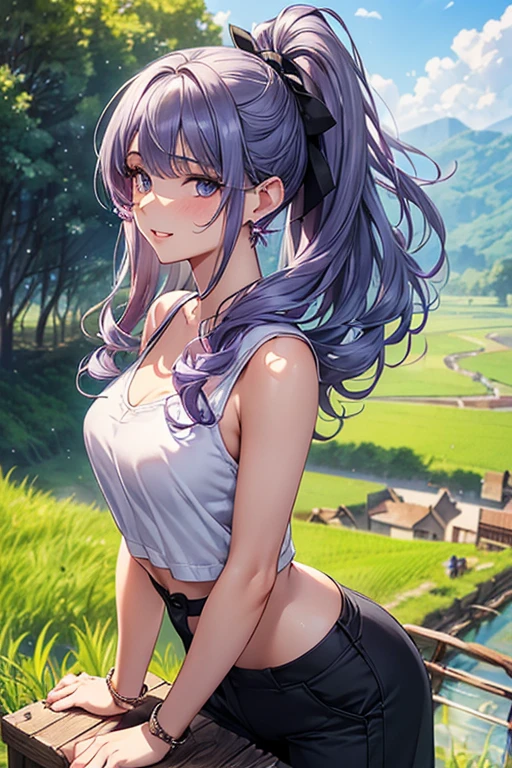 #Basics A girl is posing for a photo, animeのかわいい女の子, (((One Girl, Baby Face, Young girl, 16 years old))), 
BREAK 

#Clothing Accessories 
 (Black sleeveless shirt:1.4 + (Matte Red(Knee-length)Wide-leg trousers:1.4) + sneakers), (Silver Necklace, Silver Earrings),
BREAK 

#Features 
((Violet Hair:1.4), Chest-length sideburns:1.4, Curly hair:1.4, (ponytail : Long Hair + Curly Hair + Curly Hair + Full and voluminous hair + very thick hair + Large black ribbon)), 
(Droopy eyes, blue eyes, Big eyes), (Small breasts),  
BREAK 

#background environment 
((noon, Sunlit countryside road:1.4, Paddy field + Waterwheel)), 
#Facial Expression Pose
((Wicked Smile), (Are standing)), 
#composition 
((Face the camera, Angle from the front, Cowboy Shot:1.4)), 
BREAK 

#Body parts elements 
(Detailed hair, Beautiful Hair, Shiny Hair), 
(double eyelid, Long eyelashes), 
(Expression of fine eyes, Beautiful and delicate eyes, Sparkling eyes, Eye Reflexes, Glitter Eyeliner), 
(Human Ear), 
(Beautiful Nose, Thin Nose), 
(Glossy lips, Beautiful Lips, Thick lips, Glossy Lips, Natural Cheeks), 
(Detailed face, Symmetrical facial features), 
(Detailed skin, Textured skin, Beautiful Skin, Shiny skin), 
BREAK 

#Quality 
(((Highest quality)), ((masterpiece)), ((Very detailed))), ((High resolution), (16K,1080P)), 
(Realistic), (Anatomically correct), 
((comics, anime)), (3DCG), CG illustration,
