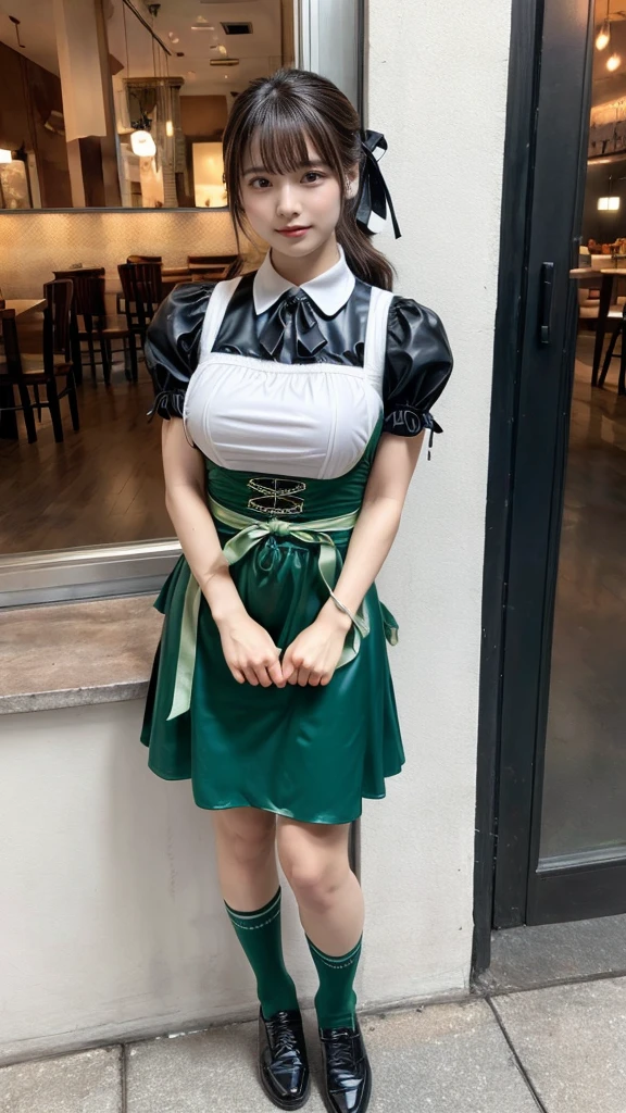 masterpiece, best quality, illustration, Super detailed, fine details, High resolution, 8K,wall paper, perfect dynamic composition, front view, full body, 18 year old girl, Gravure Idol, cute type, (Details High quality, realistic depiction of eyes:1.3), revealing clothes, low ponytail, bangs, black hair color, Dark makeup, Big Natural Color Lip, Emphasize the size of the breast, sexy body, perfect body shape, plump figure, huge breasts, Black leather jacket, BREAK (fusion of dirndl and short sleeve white collared-shirt with neck ribbon:1.4), ((A-line, underboobs, puff sleeves):1.3), ((deep-green apron):1.3), thighs skin, (socks:1.3), (shoes:1.2), Restaurant, Serving customers inside the restaurant.