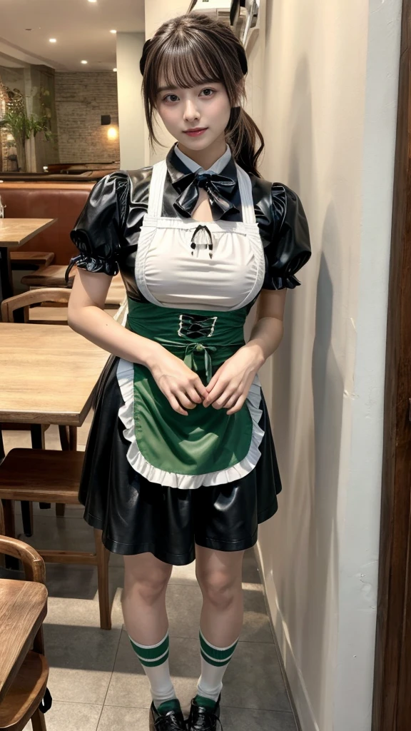 masterpiece, best quality, illustration, Super detailed, fine details, High resolution, 8K,wall paper, perfect dynamic composition, front view, full body, 18 year old girl, Gravure Idol, cute type, (Details High quality, realistic depiction of eyes:1.3), revealing clothes, low ponytail, bangs, black hair color, Dark makeup, Big Natural Color Lip, Emphasize the size of the breast, sexy body, perfect body shape, plump figure, huge breasts, Black leather jacket, BREAK (fusion of dirndl and short sleeve white collared-shirt with neck ribbon:1.4), ((A-line, underboobs, puff sleeves):1.3), ((deep-green apron):1.3), thighs skin, (socks:1.3), (shoes:1.2), Restaurant, Serving customers inside the restaurant.