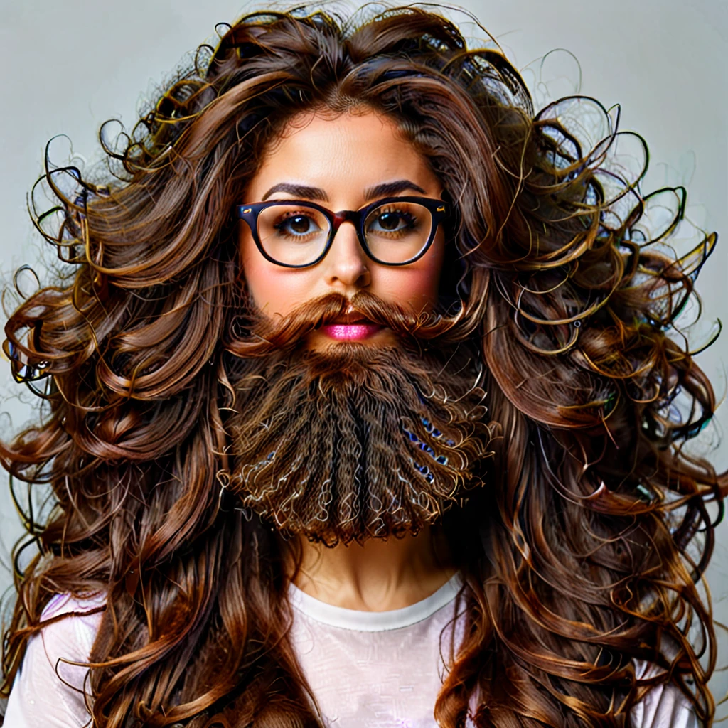 
bearded woman, long frizzy brown hair, wears glasses, geek nerd