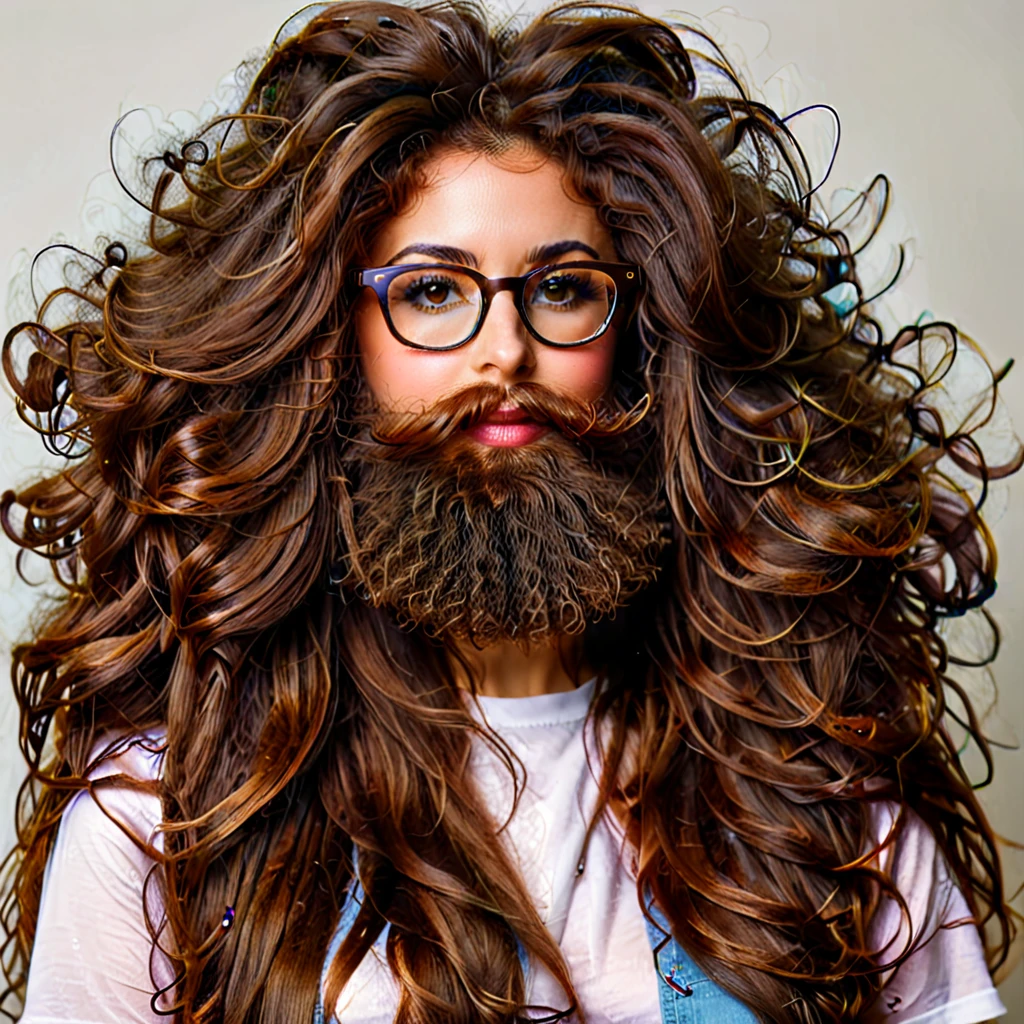 
bearded woman, long frizzy brown hair, wears glasses, geek nerd