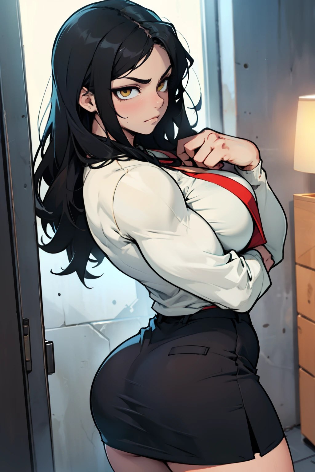 huge muscles huge breasts huge thighs pale skin black hair yellow eyes very long hair muscular girl sad expressionless plated skirt long sleeve tight t-shirt