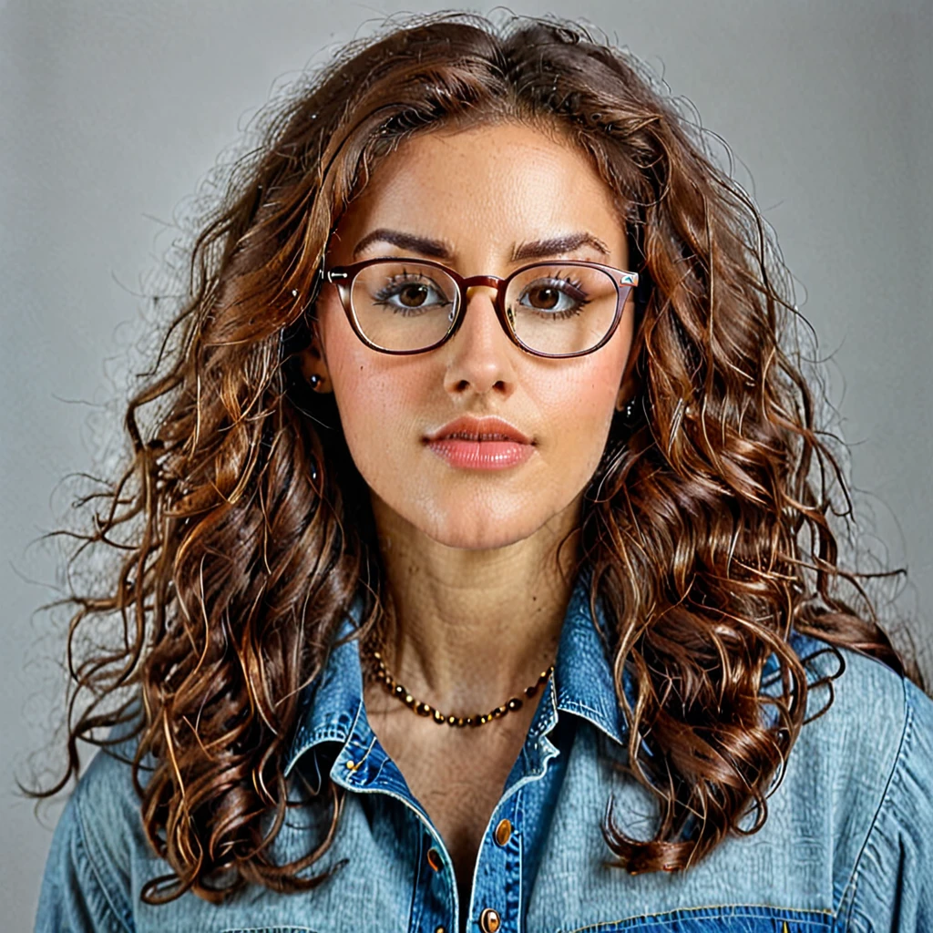 
bearded woman, long frizzy brown hair, wears glasses, geek nerd