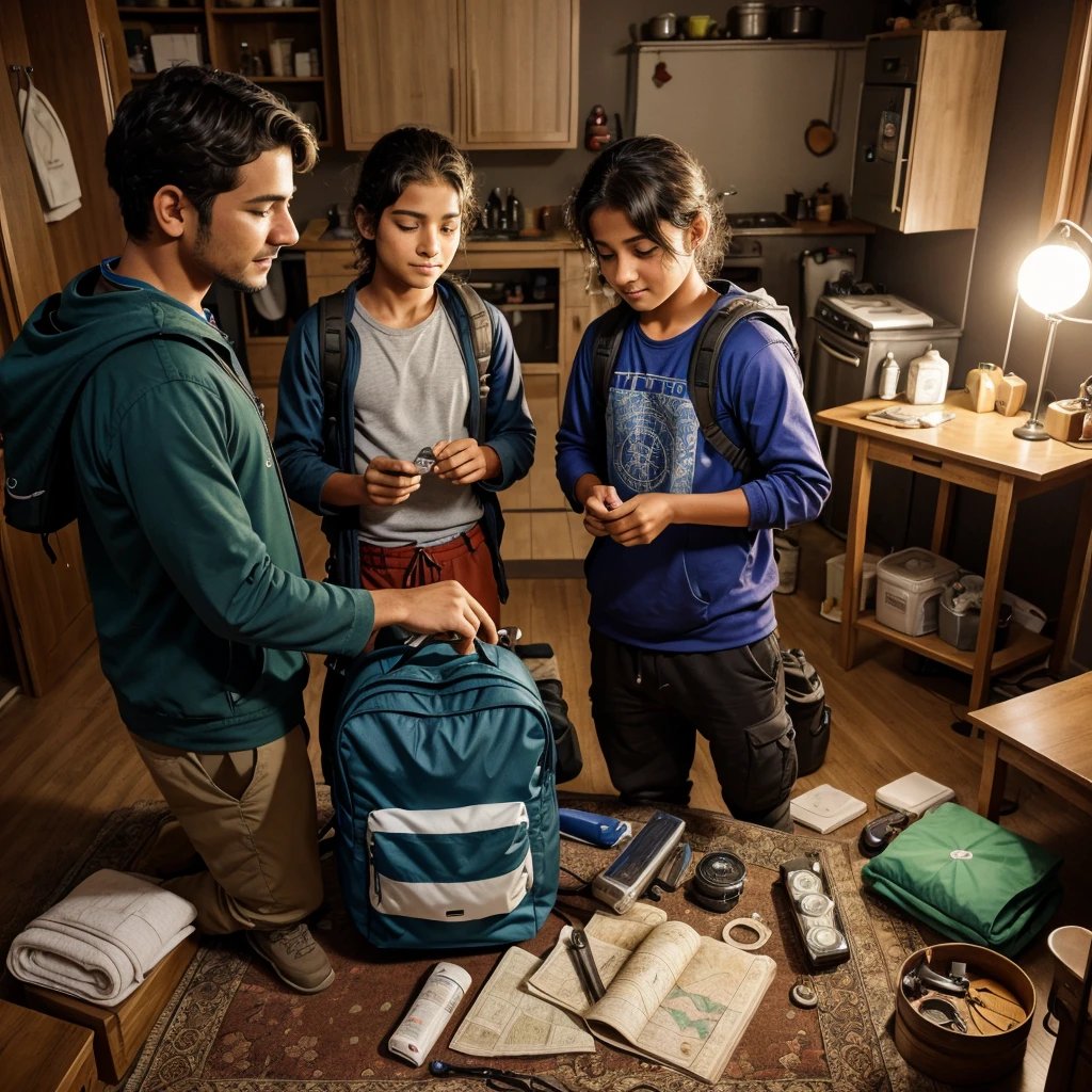 Banti and Bubli packing their backpacks at home, including food, water, a flashlight, a map, and a compass. The scene is lively, with anticipation on their faces.