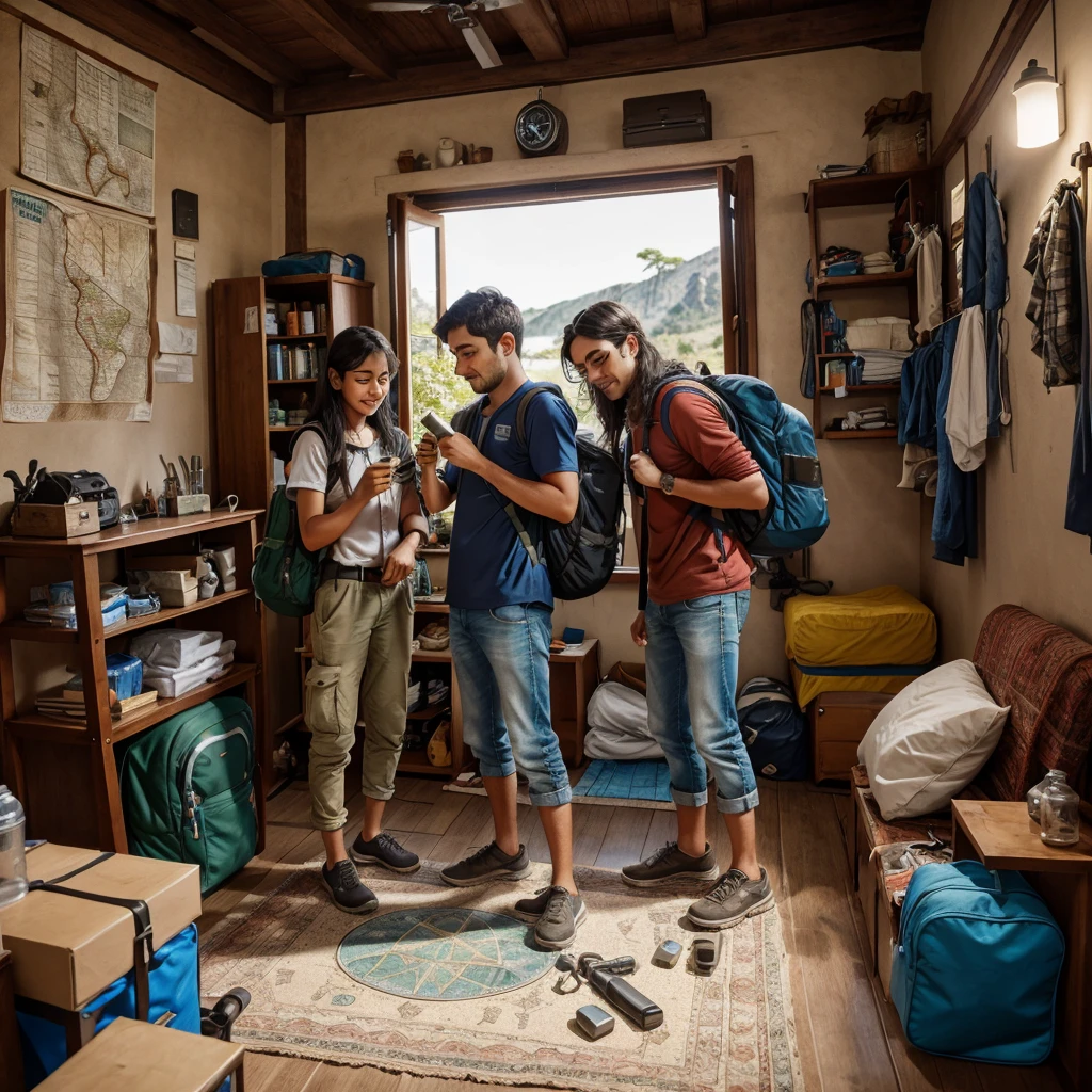 Banti and Bubli packing their backpacks at home, including food, water, a flashlight, a map, and a compass. The scene is lively, with anticipation on their faces.