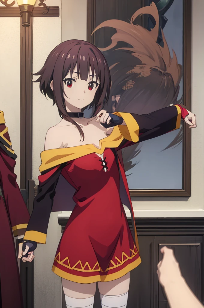 masterpiece, best quality, high resolution, best illustration, super fine illustration, (official art:0.6), (anime screencap:1.2), detailed beautiful face and eyes, anime keyvisual, perfect anatomy, 8k portrait, detail focus fingers, 
1girl,
Megumin \(konosuba\),
short hair with long locks,
brown hair, 
(red eyes:1.2), 
witch hat, black choker, black gloves, fingerless gloves,  
small breasts, 
off-shoulder dress, red dress, brown cape, long sleeves, single thighhigh, asymmetrical legwear, bandaged leg,
smile, 
looking at viewer, 
cowboy shot, 
dynamic pose, 
natural light, background of indoors, 