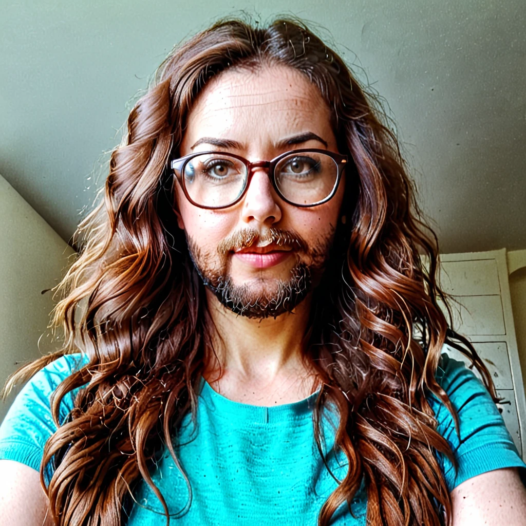 
bearded woman, long frizzy brown hair, wears glasses, geek nerd